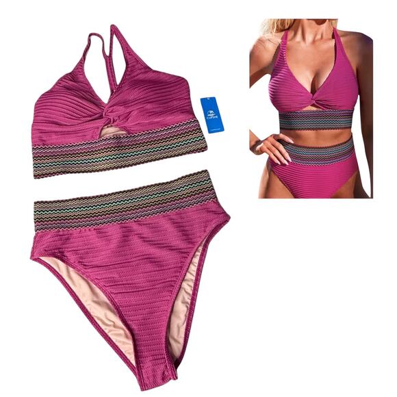 NEW Cupshe SWIMSUIT Women's MED Magenta Twist Peek Bikini Top High Waist Bottom - Picture 1 of 15